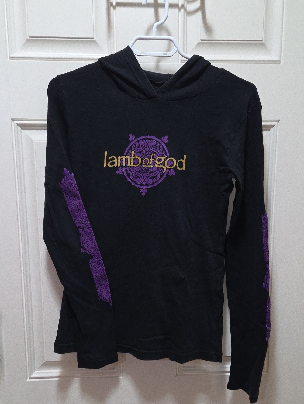 Womans Black Hooded Long-Sleeve Lamb Of God Tee with Purple & Gold Graphics